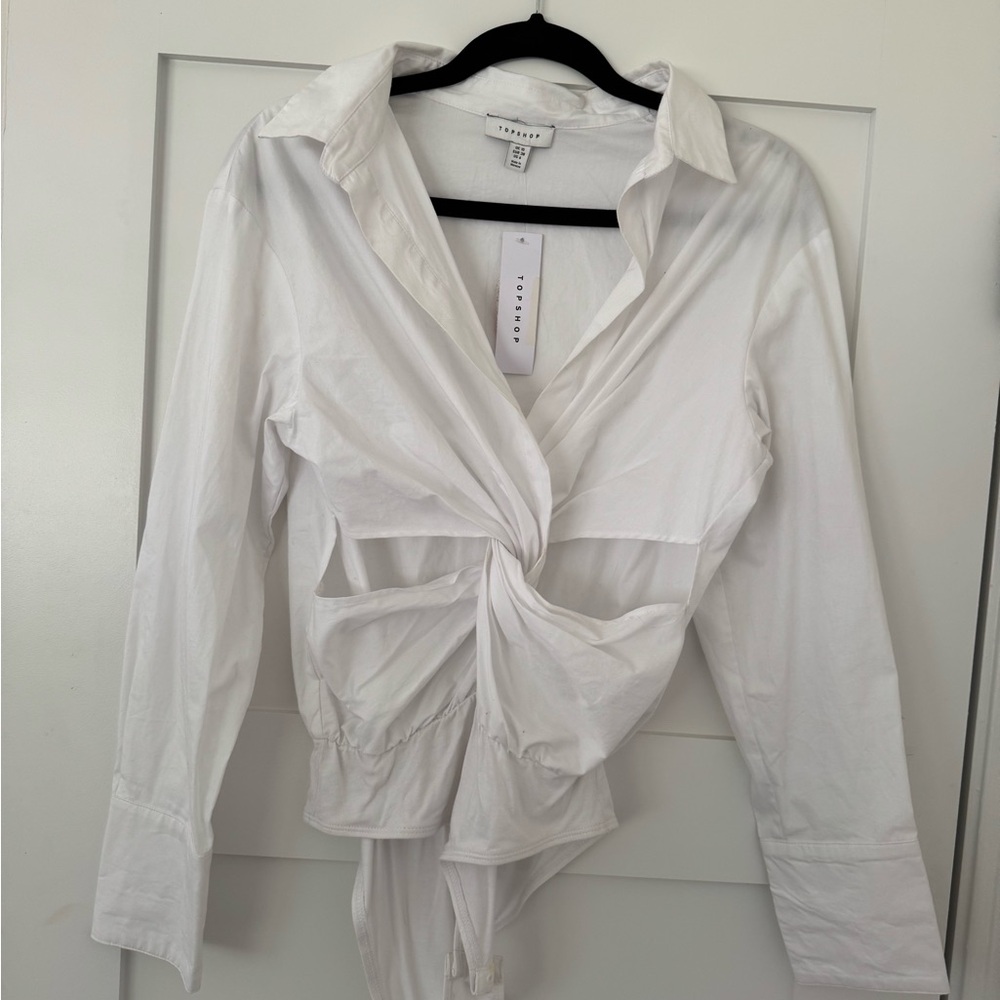 Topshop White Twist Front Button Down Shirt